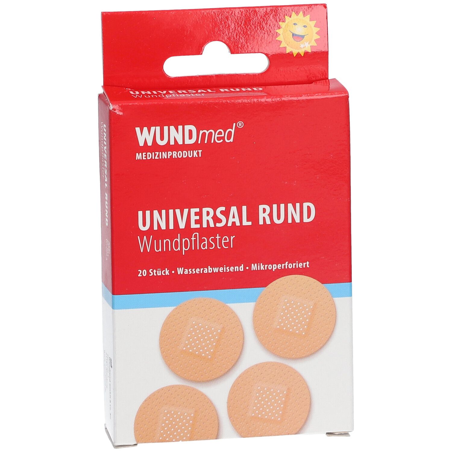 Boîte de pansements ronds. Inscription : WUNDmed, Universal Rund Wundpflaster, 20 pièces, résistant à l'eau, micro-perforé. 4 pansements.