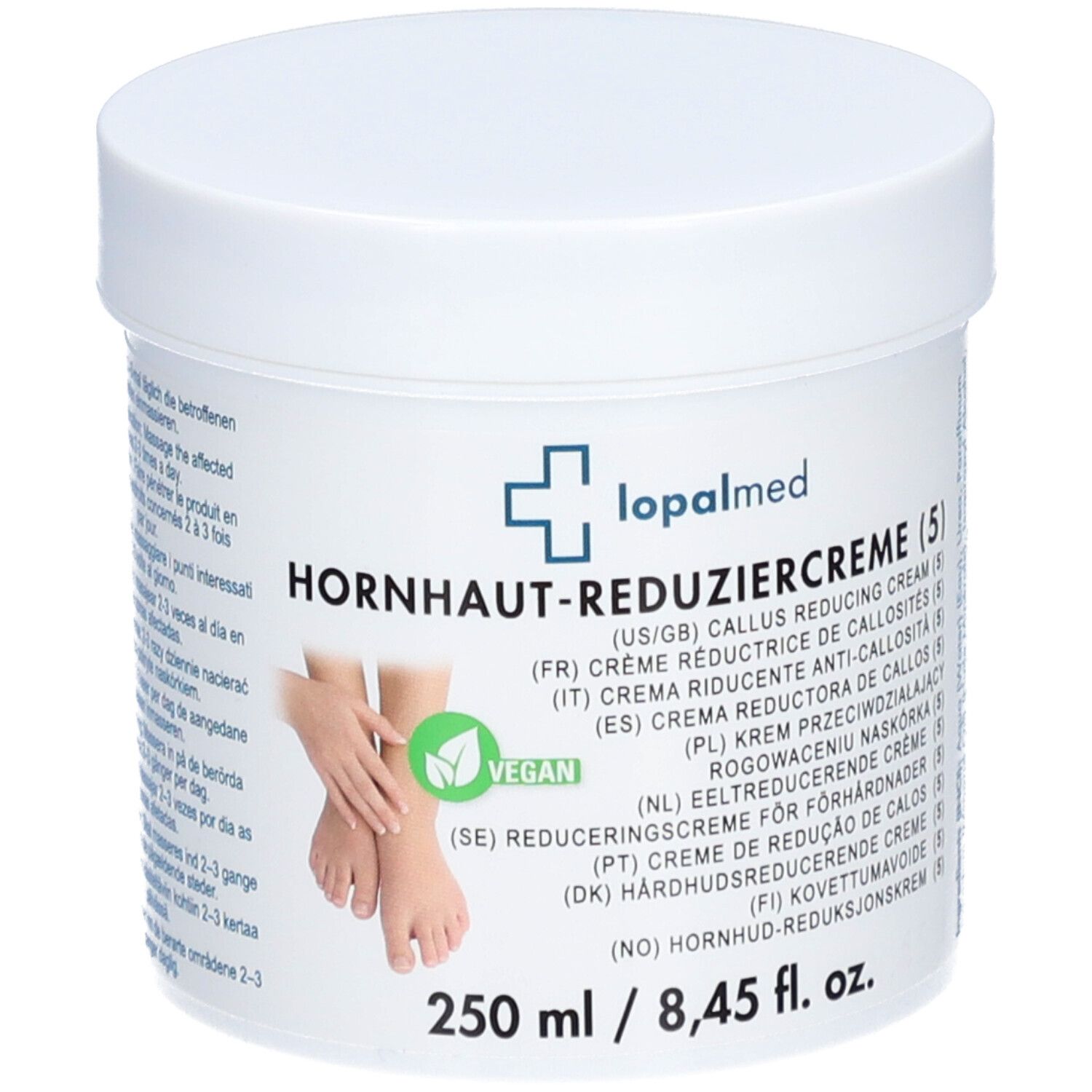 Pot blanc avec logo Lopalmed et nom du produit. Sceau végétalien. 250 ml / 8,45 fl. oz.