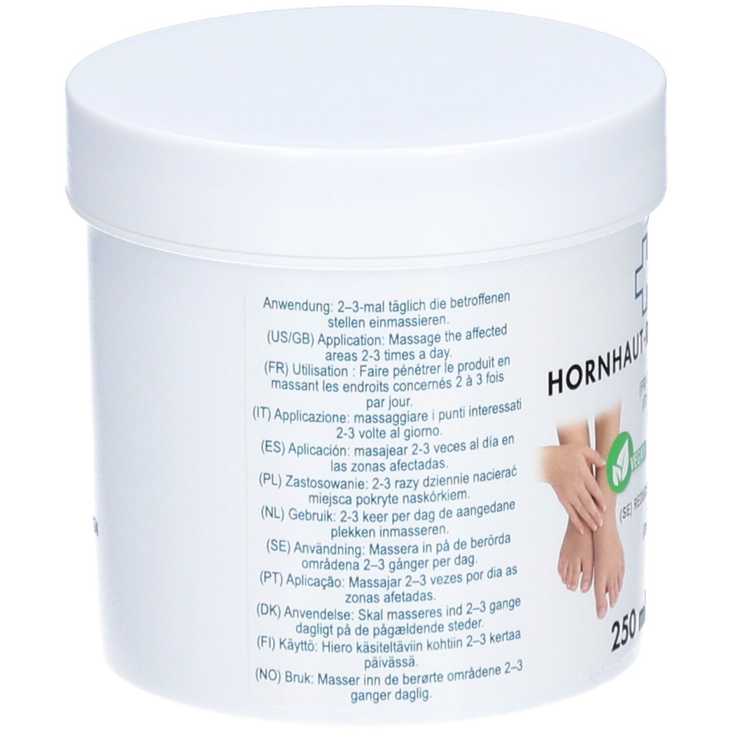 Pot blanc, dos avec instructions d'utilisation en plusieurs langues. 250 ml.