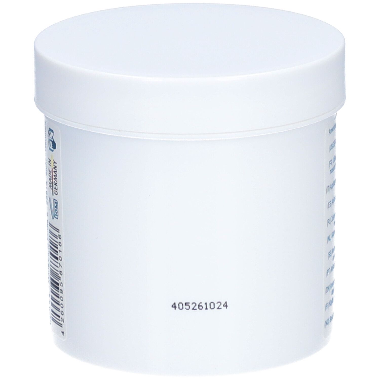 Pot blanc, dos avec code produit et informations fabricant. 405261024.