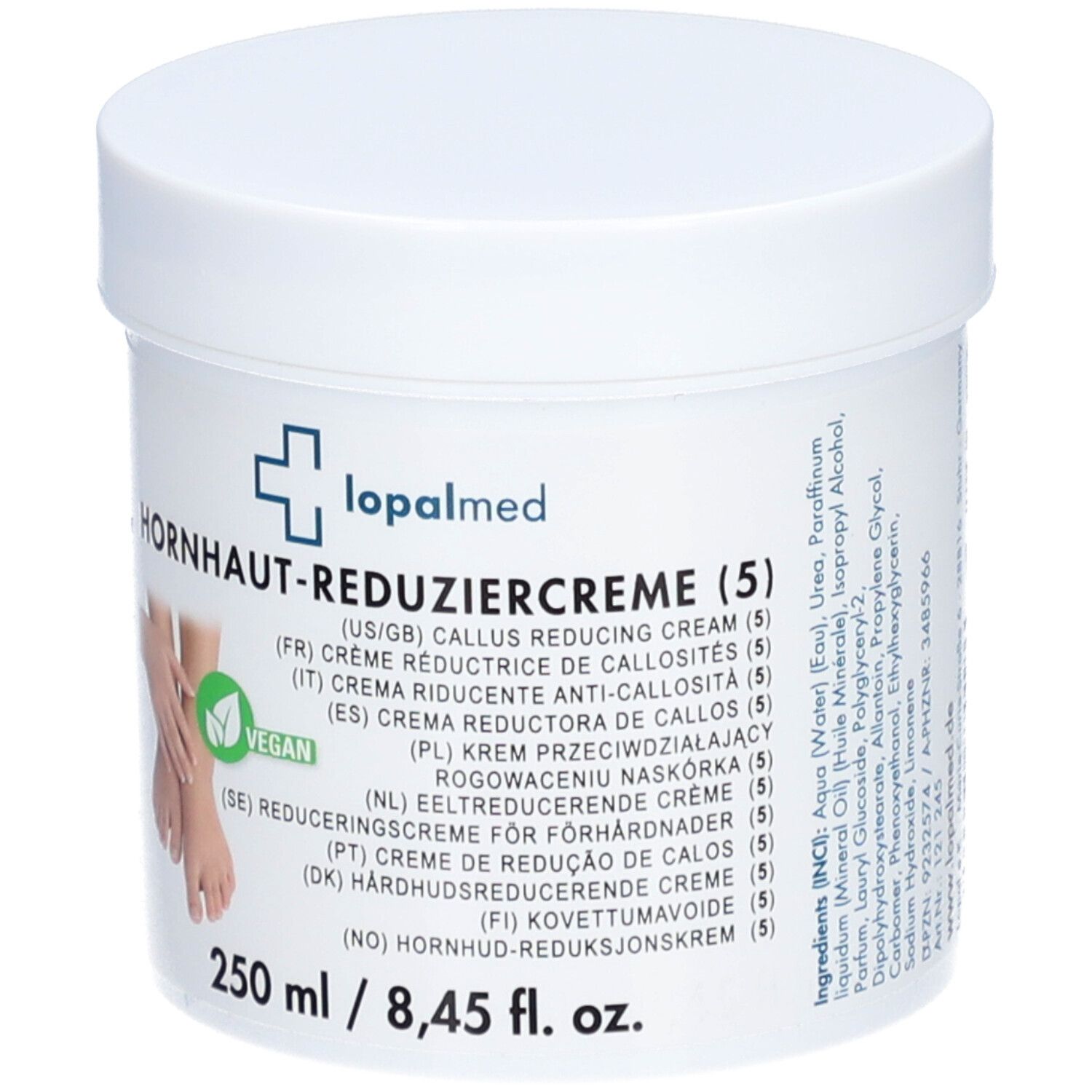 Pot blanc avec logo Lopalmed et nom du produit. Ingrédients listés. 250 ml / 8,45 fl. oz.