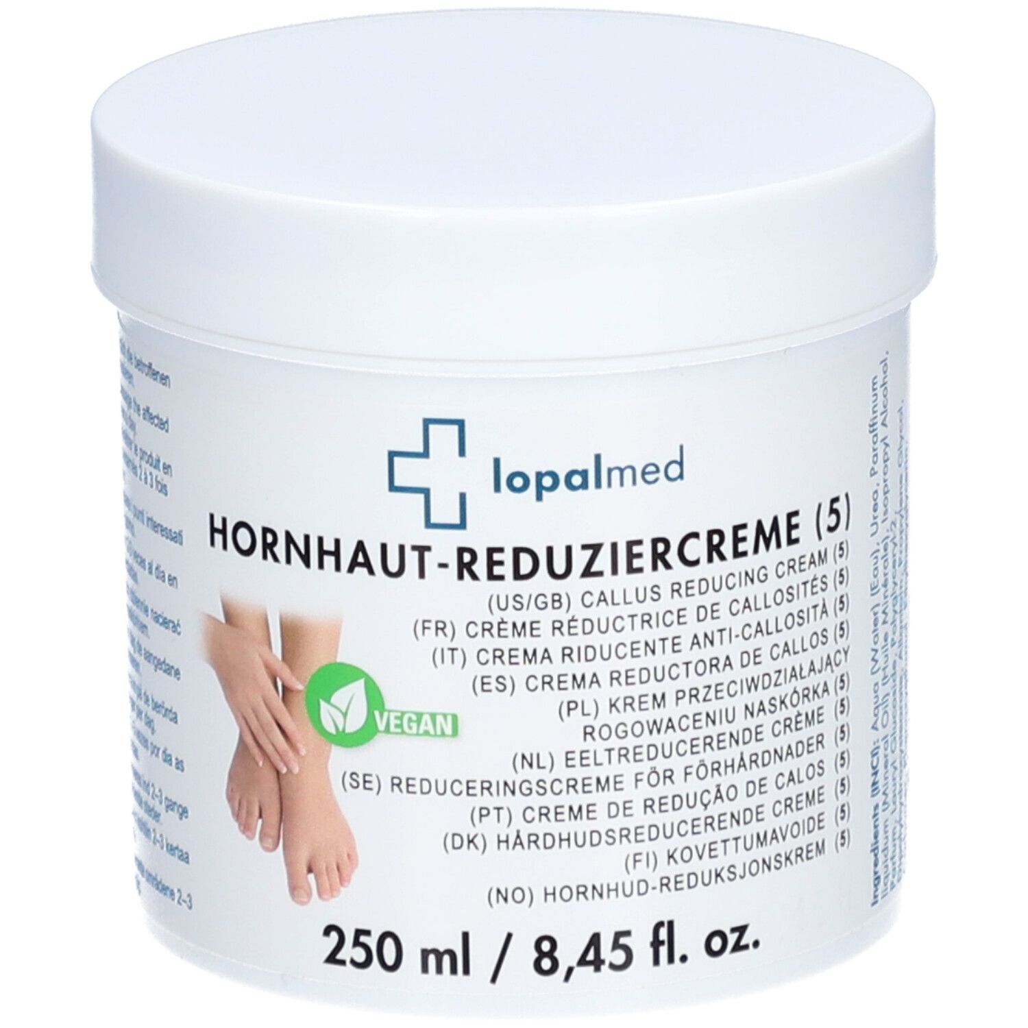 Pot blanc avec logo Lopalmed et nom du produit. Sceau végétalien. 250 ml / 8,45 fl. oz.