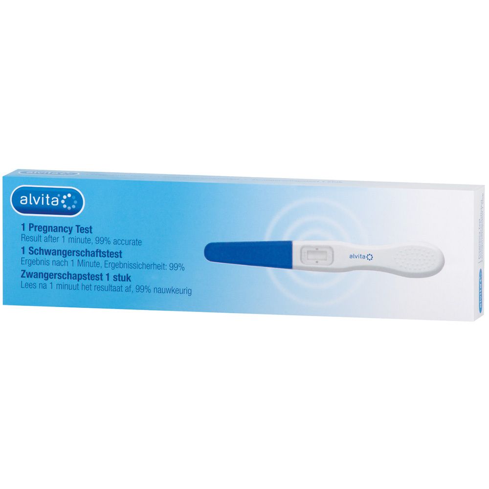 Test de grossesse Alvita en boîte. Manche bleu, zone de test blanche. Texte: 1 test, résultat en 1 minute, précis à 99%.
