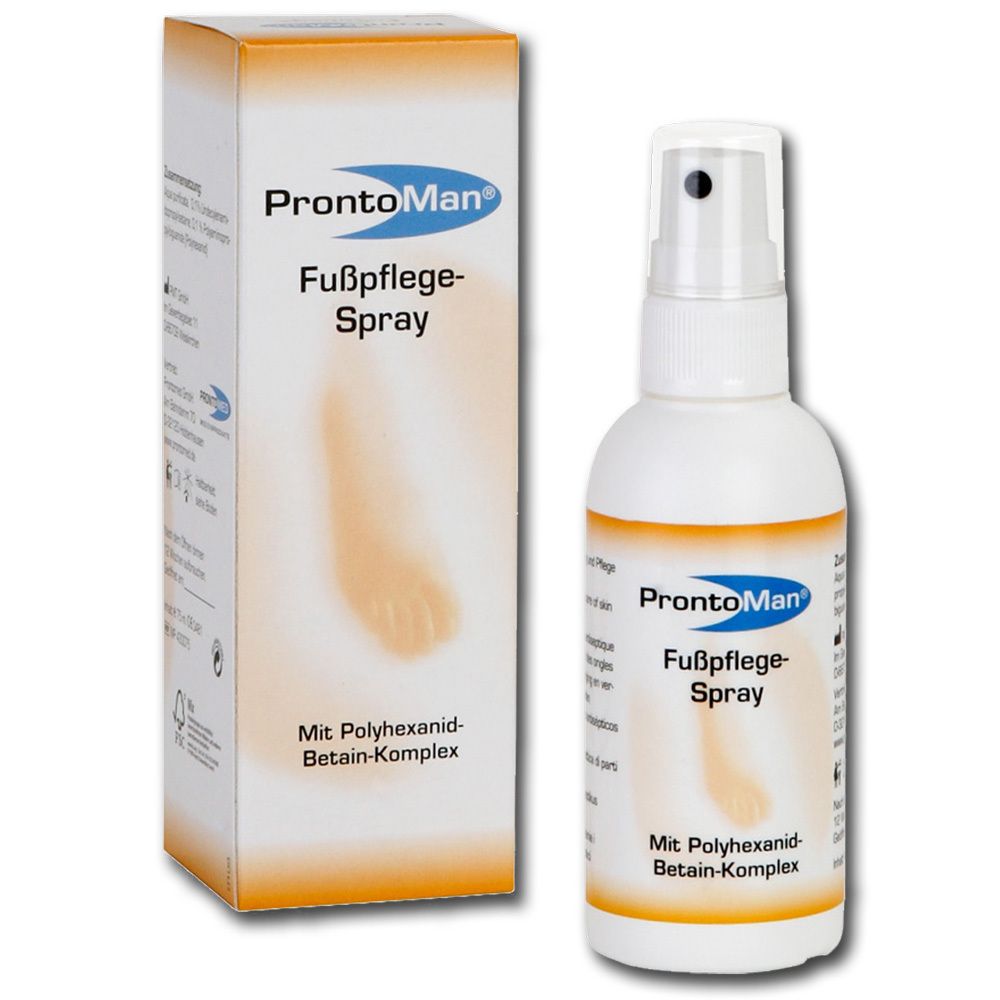 ProntoMan Spray pour les pieds. Flacon blanc avec pulvérisateur et boîte. Inscription : Avec complexe Polyhexanide-Bétaïne.