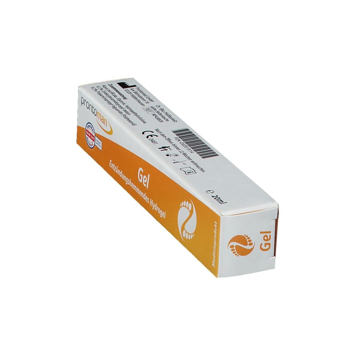 Emballage de gel prontoman, avec symbole de pied et texte 'Gel'.