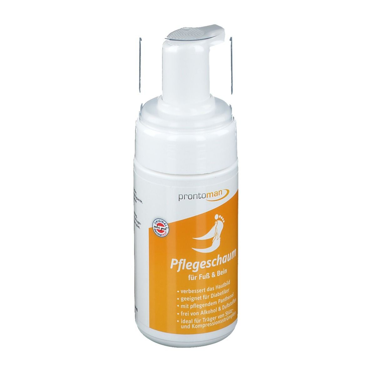Flacon blanc avec pompe. Étiquette avec nom du produit et symbole de pied. Fond orange. Texte en allemand.