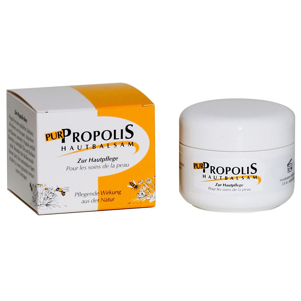Pot et boîte. Inscription : PUR PROPOLIS HAUTBALSAM. Texte en allemand et français. Emballage jaune et blanc.