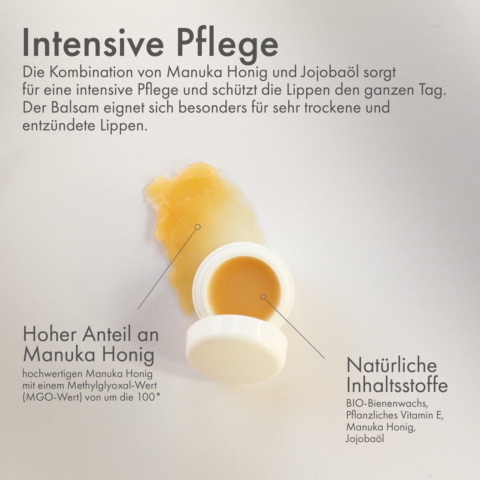 Image du produit avec pot ouvert et miel. Texte: Manuka Honig, huile de jojoba, ingrédients naturels.