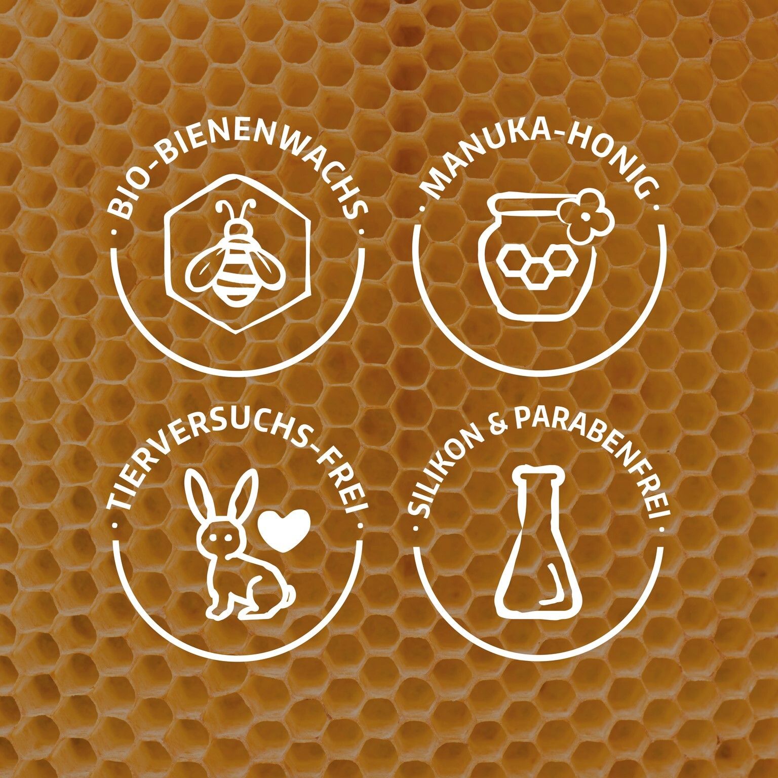 Graphique avec symboles: Cire d'abeille bio, miel de Manuka, sans cruauté, sans silicone et sans parabène.