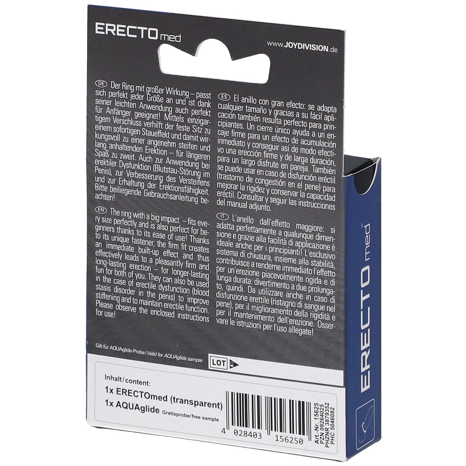 Arrière de l'emballage ERECTOmed avec informations détaillées sur le produit en plusieurs langues.
