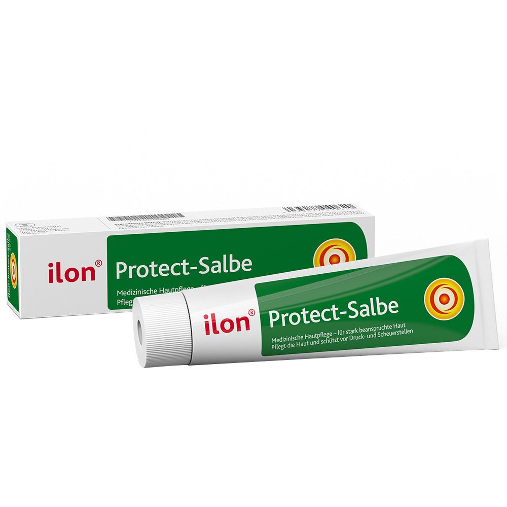 Tube et boîte de ilon® Protect-Salbe. Design blanc, vert et orange. Texte : Protect-Salbe.