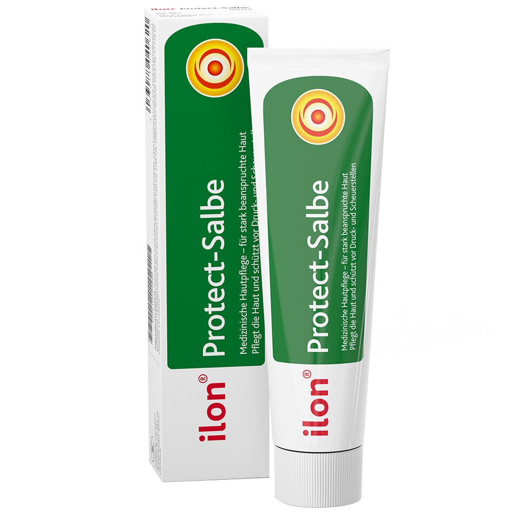 Tube et boîte de ilon® Protect-Salbe. Design blanc, vert et orange. Texte : Protect-Salbe.