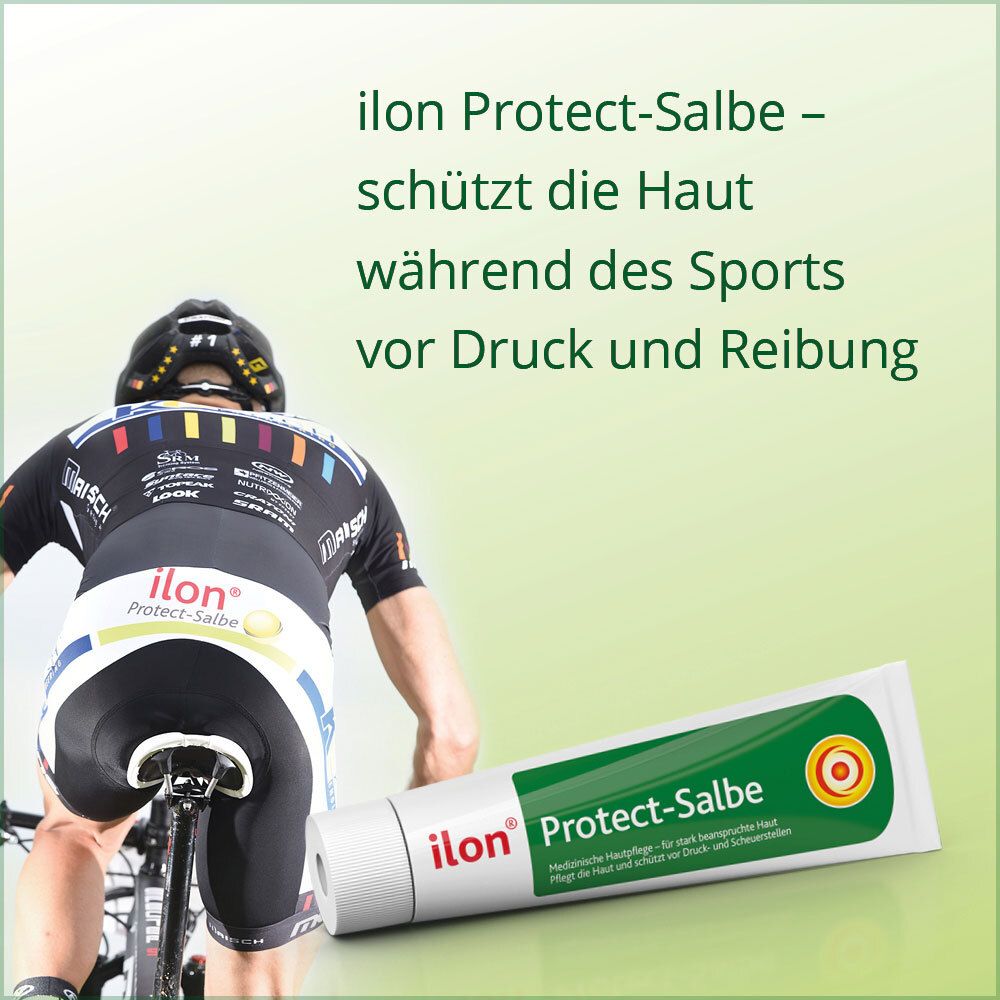 Cycliste sur vélo. Tube ilon® Protect-Salbe. Texte : Protect-Salbe. Design vert, blanc et orange.