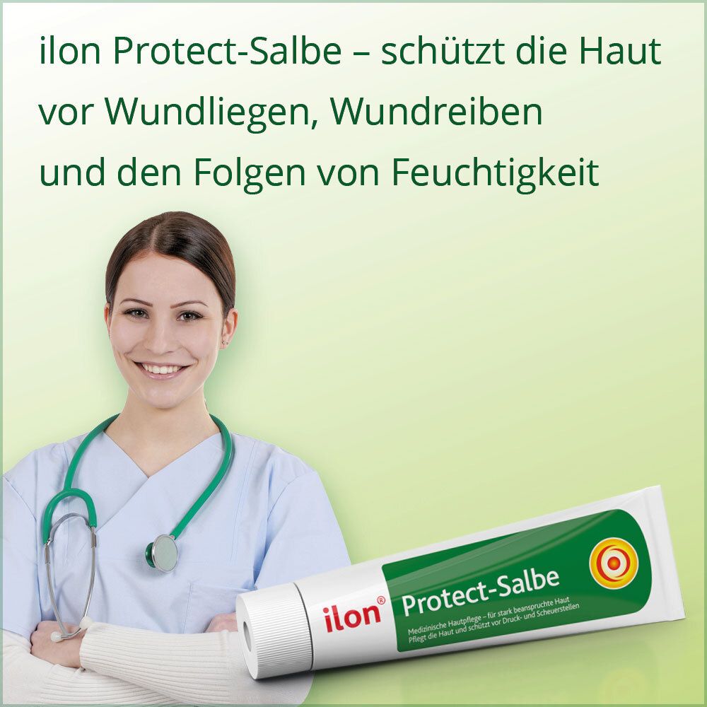 Infirmière avec tube ilon® Protect-Salbe. Texte : Protect-Salbe. Design vert, blanc et orange.