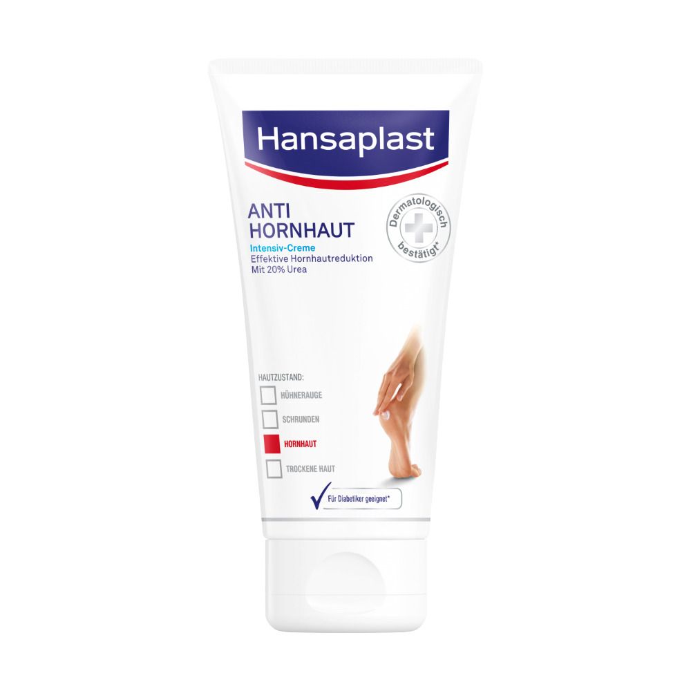 Tube blanche Hansaplast. Texte: Anti Callosités Crème Intensive. Pied avec callosités. Testé dermatologiquement.