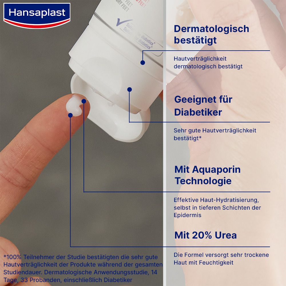 Crème sortant du tube. Texte: Testé dermatologiquement, convient aux diabétiques, avec technologie Aquaporine, avec 20% d'urée.