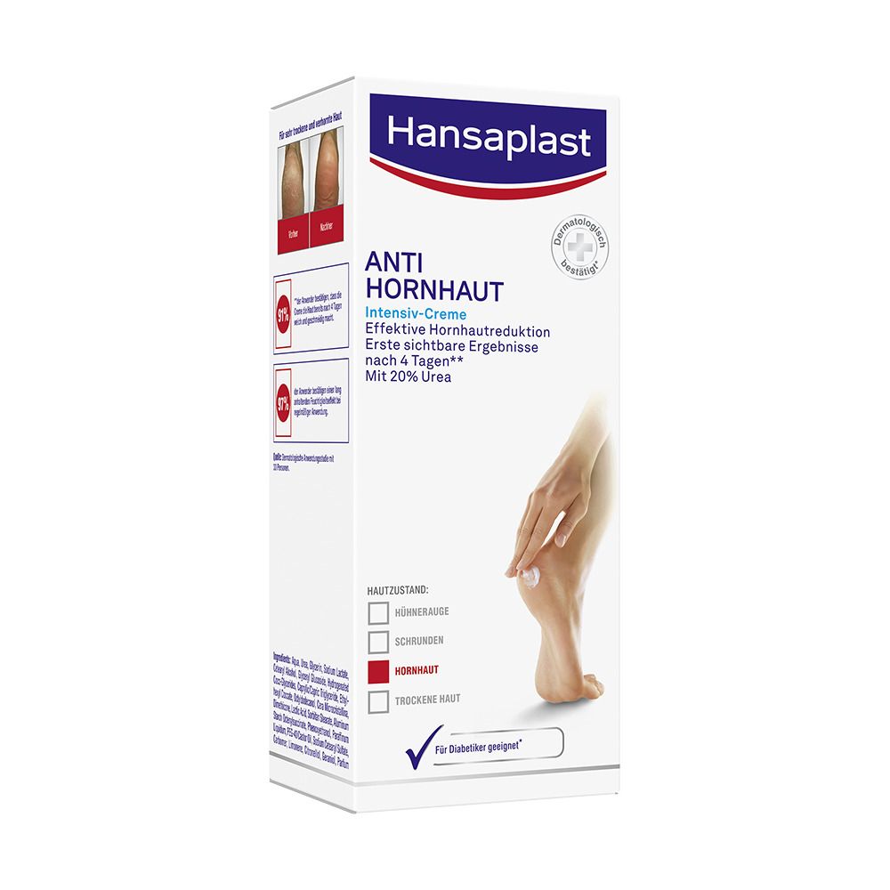 Emballage: Hansaplast Anti Callosités Crème Intensive. Pied avec crème. Texte: Convient aux diabétiques.