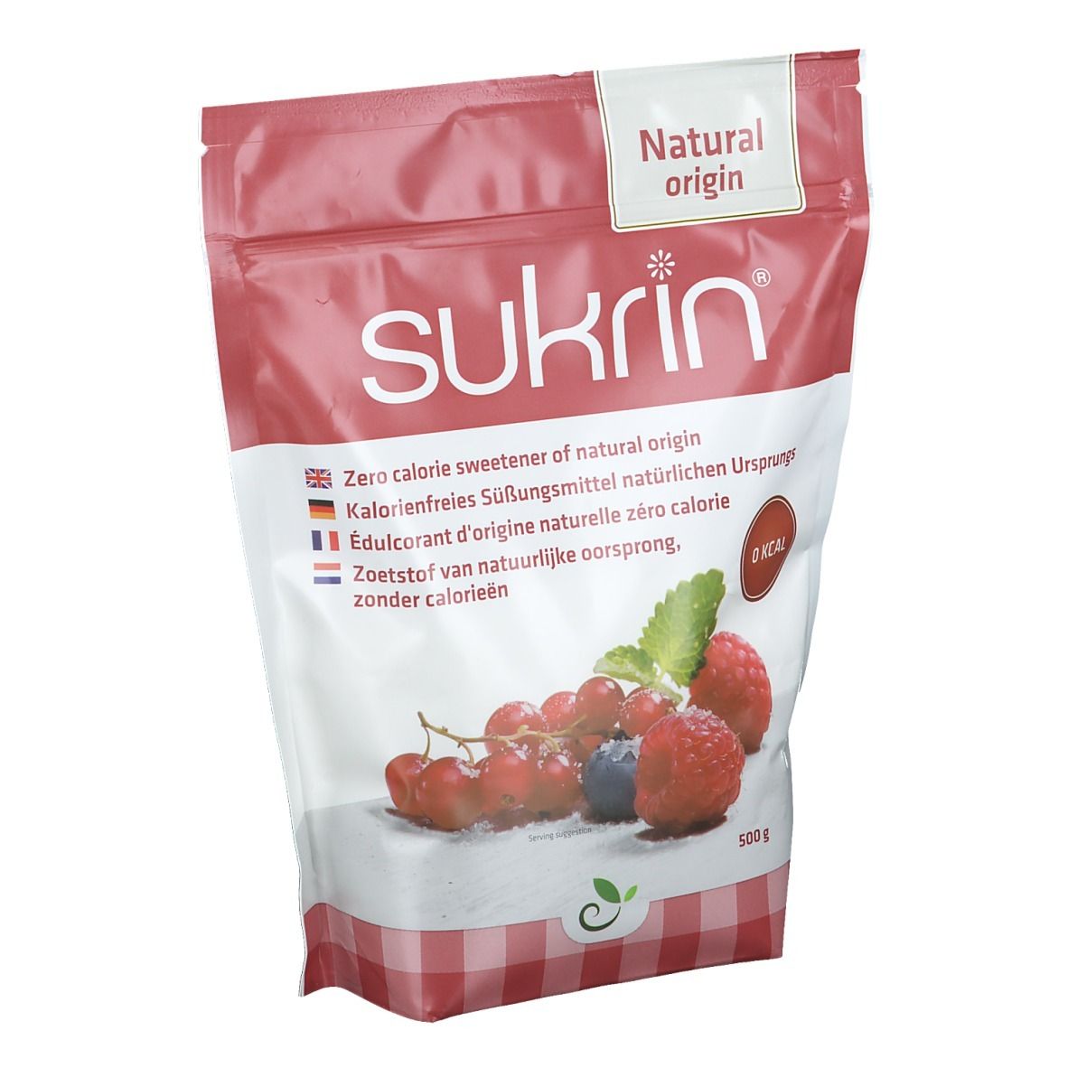 Sachet de Sukrin Kristallzucker avec baies et inscription "Natural origin".