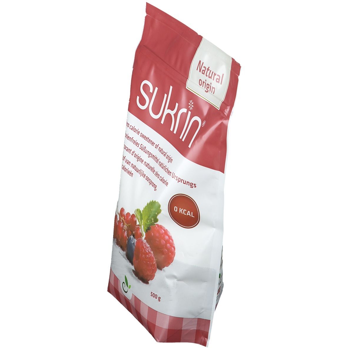 Sachet de Sukrin Kristallzucker, vue de côté, avec baies et inscription "Natural origin".