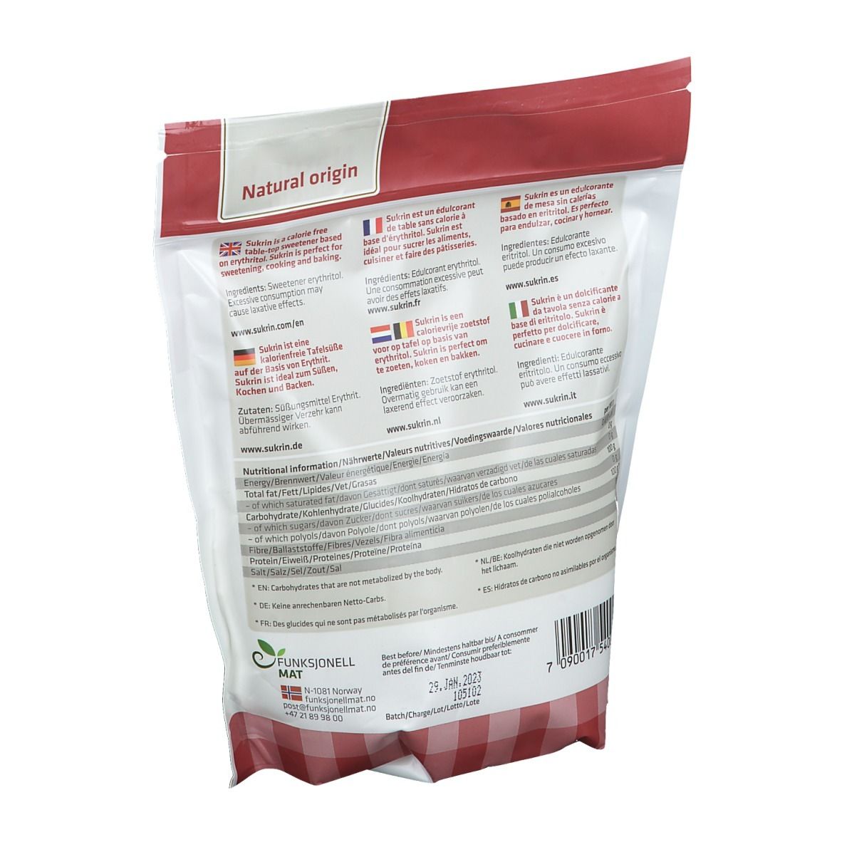 Arrière du sachet Sukrin Kristallzucker avec informations nutritionnelles et "Origine naturelle".