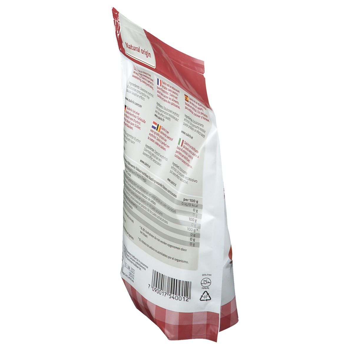 Sachet Sukrin Kristallzucker, en biais par l'arrière, avec informations nutritionnelles.