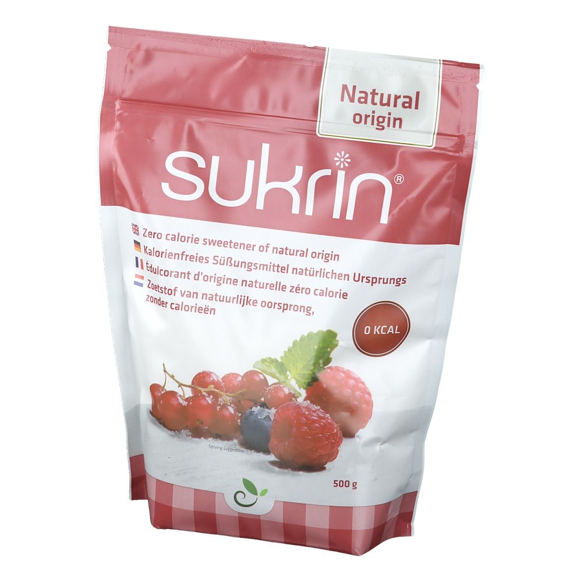 Sachet de Sukrin Kristallzucker, vue de face, avec baies et inscription "Natural origin".