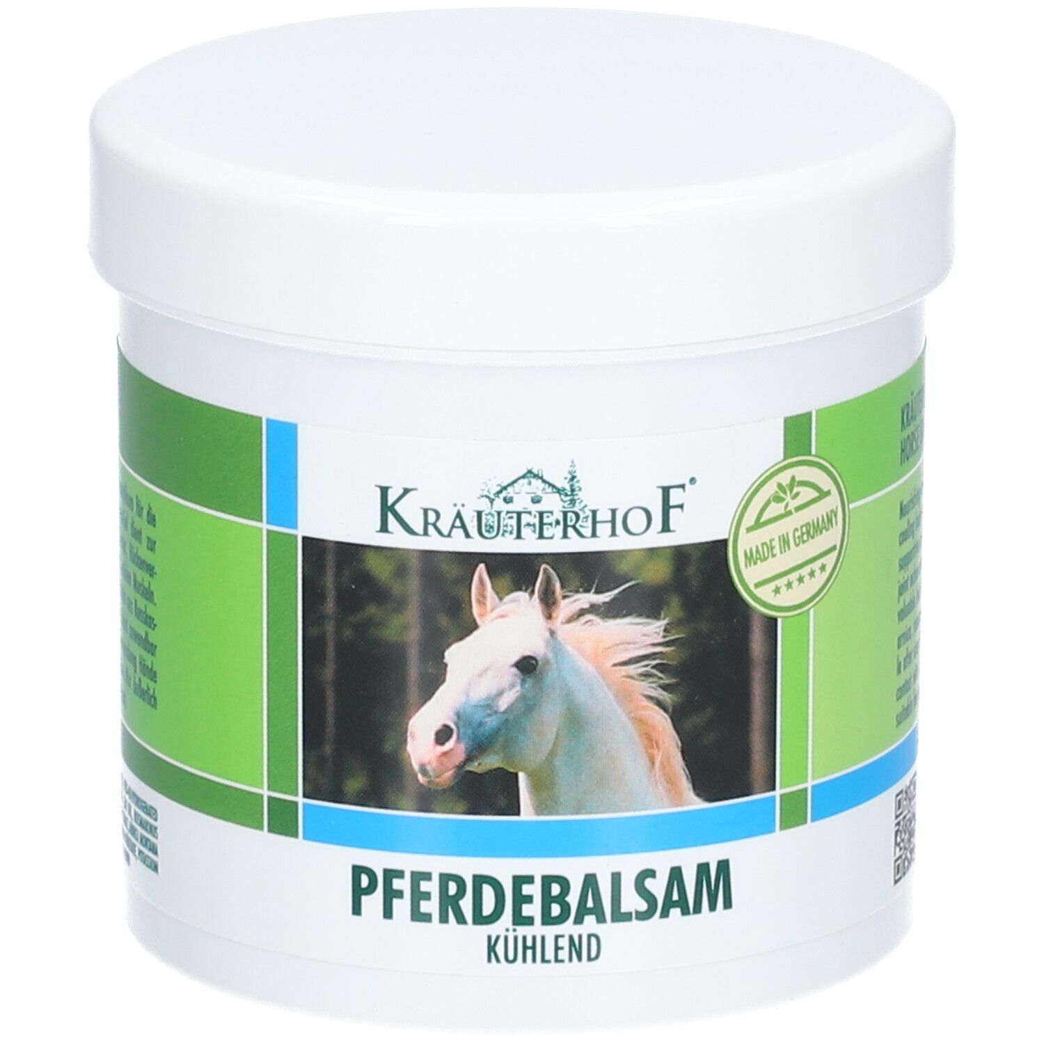 Pot blanc avec étiquette verte et blanche. Logo Kräuterhof, illustration de tête de cheval, texte Pferdebalsam kühlend. Sceau Made in Germany.