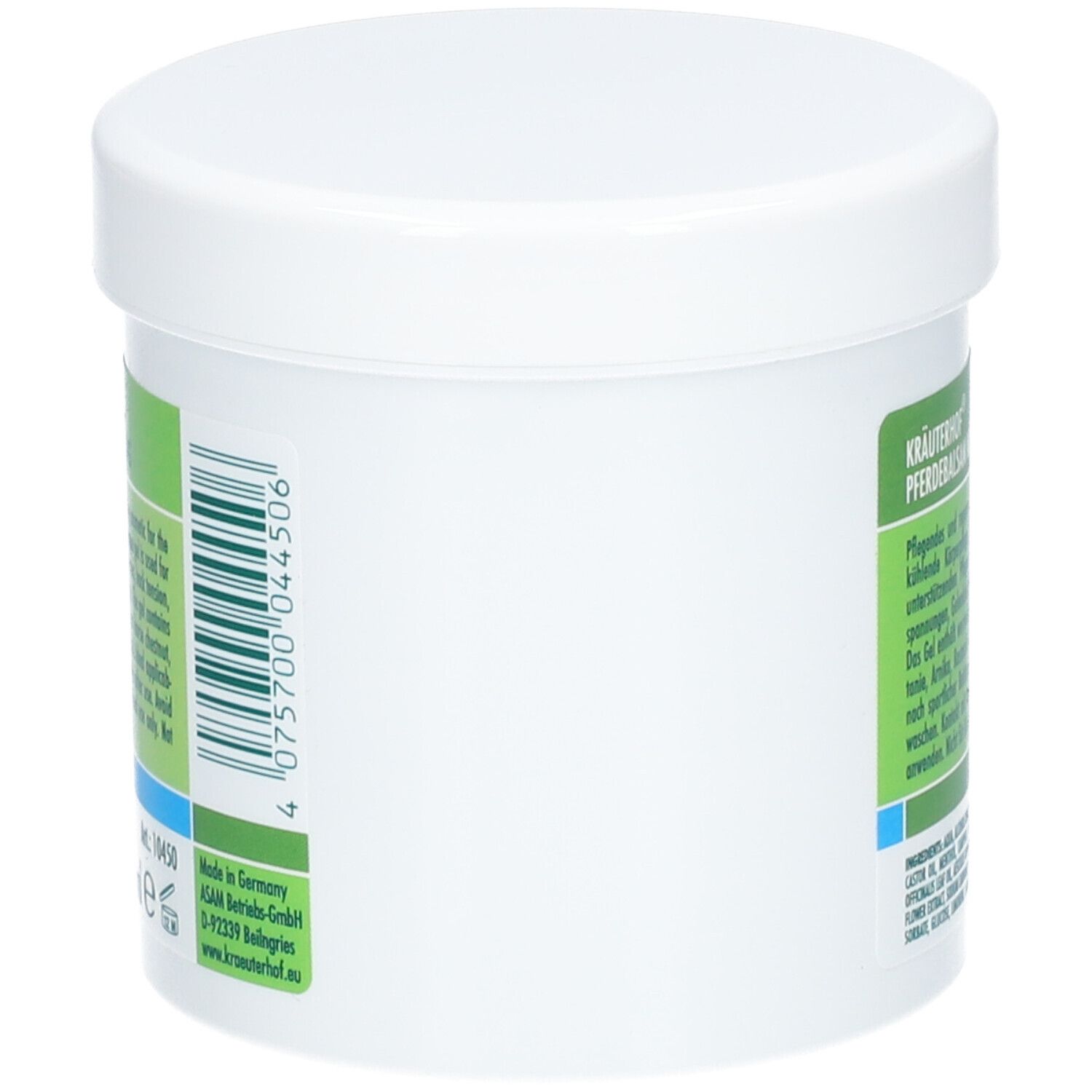 Vue latérale du pot blanc. Code-barres et informations du fabricant. Couvercle blanc et étiquette verte.