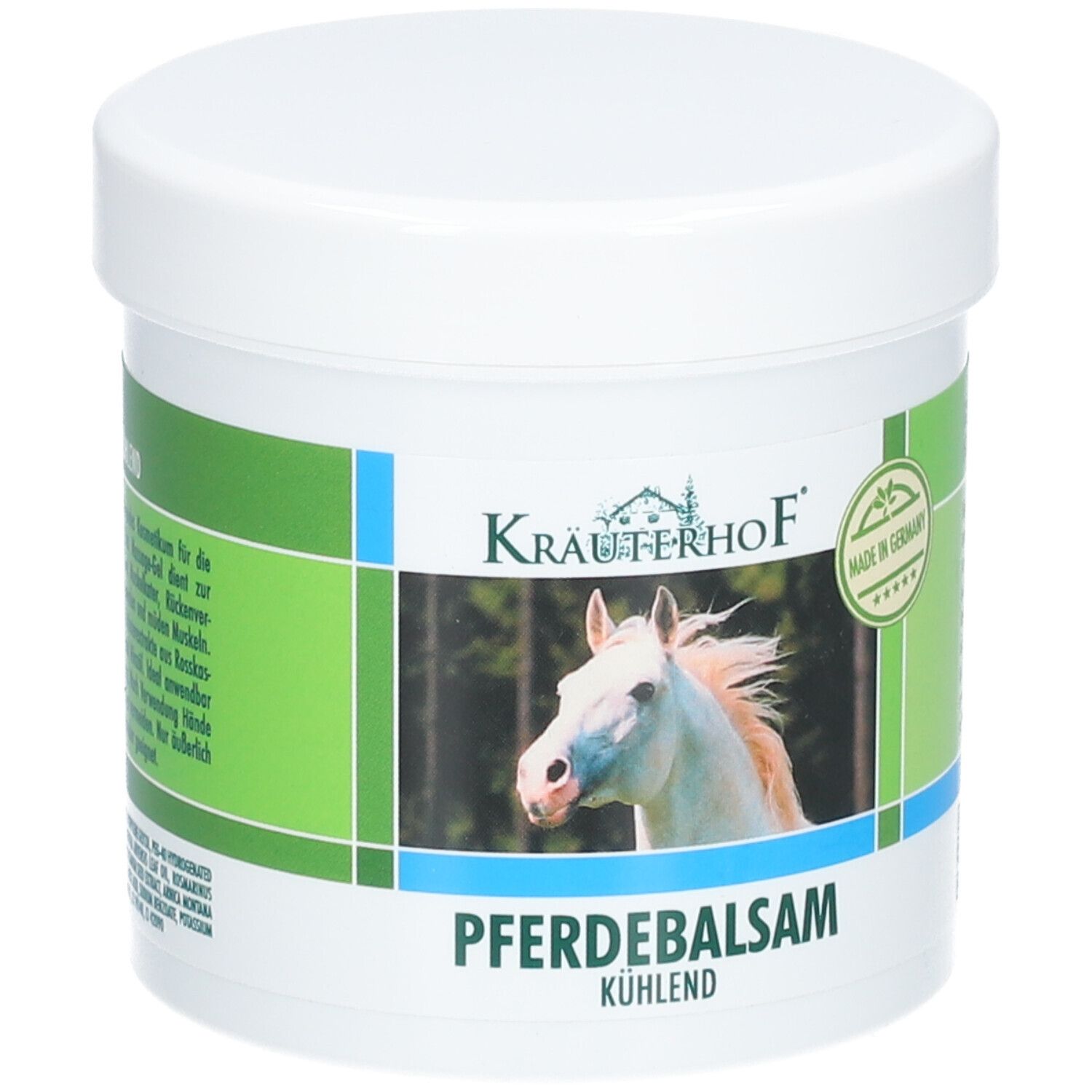 Pot blanc avec étiquette verte et blanche. Logo Kräuterhof, illustration de tête de cheval, texte Pferdebalsam kühlend. Sceau Made in Germany.