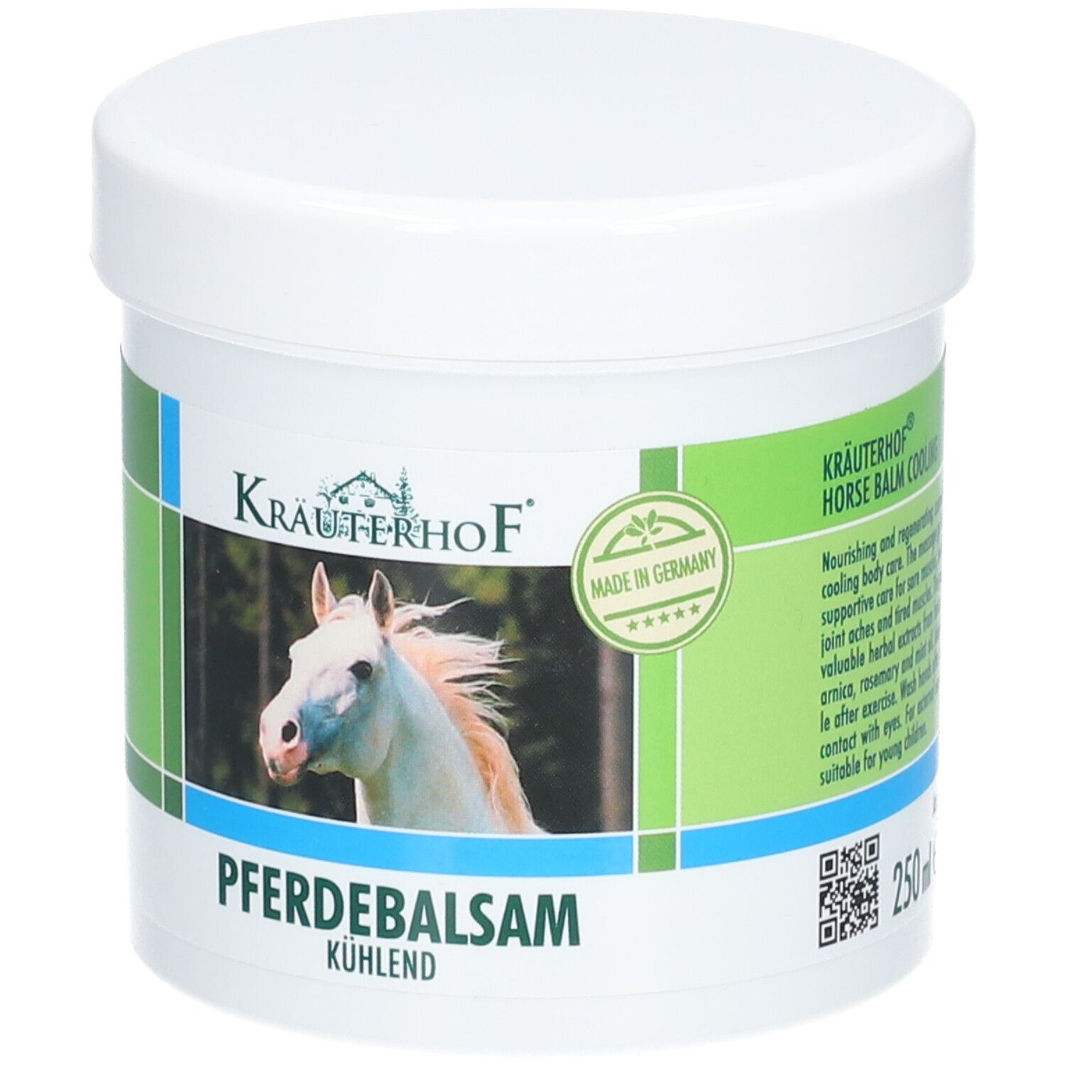 Pot blanc avec étiquette verte et blanche. Logo Kräuterhof, illustration de tête de cheval, texte Pferdebalsam kühlend. Sceau Made in Germany.