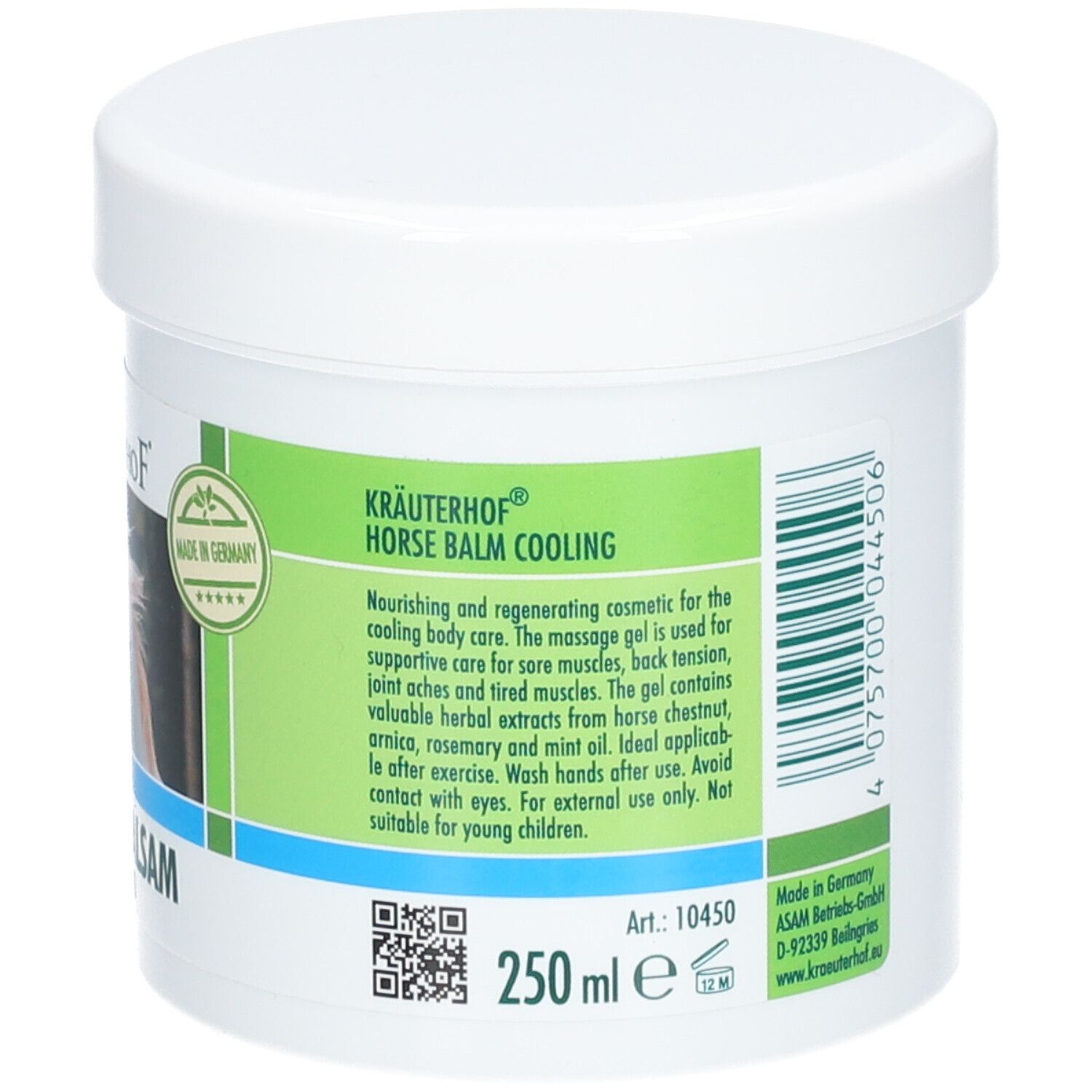 Dos du pot blanc. Texte sur fond vert. Ingrédients et instructions d'utilisation. Code-barres et informations du fabricant.