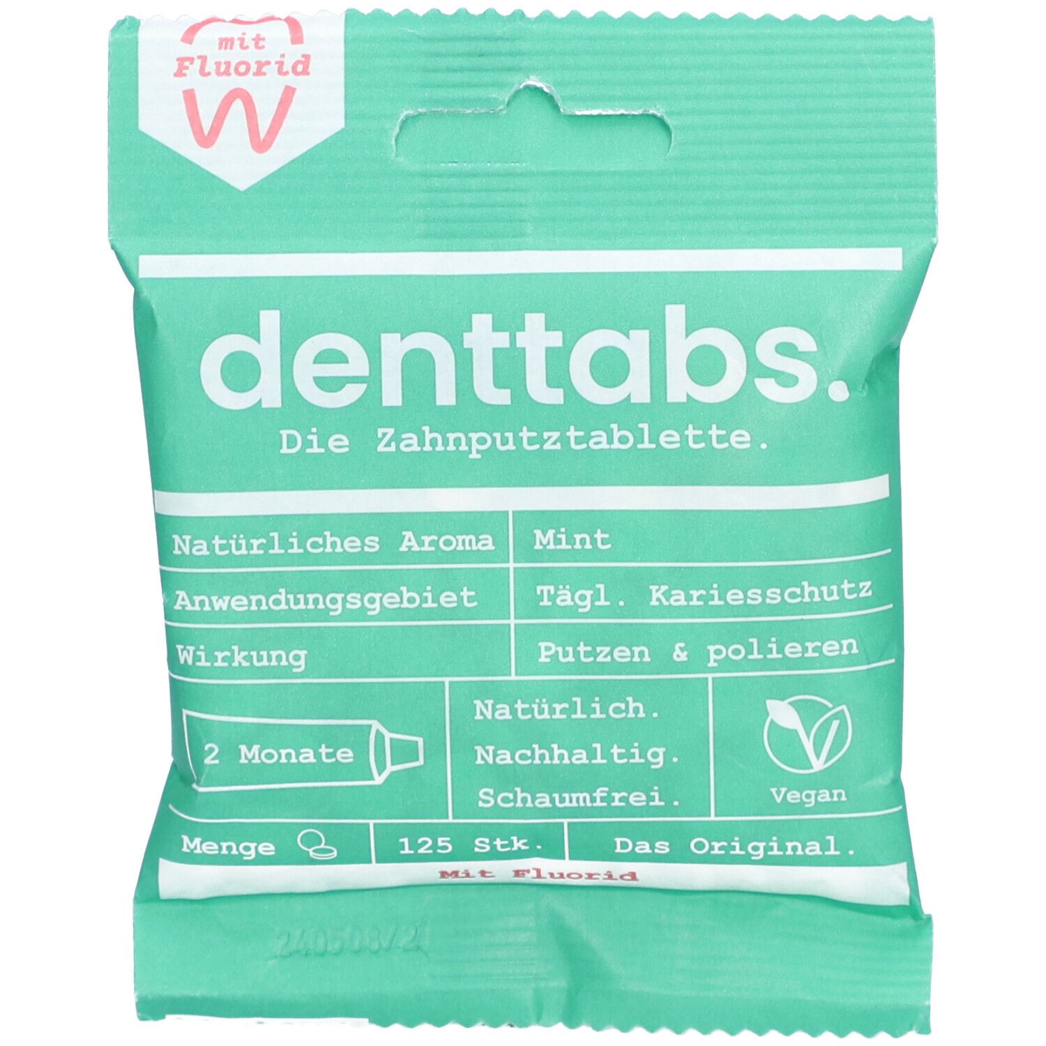 Emballage de denttabs comprimés à dentifrice saveur menthe, 125 pièces, avec fluorure.