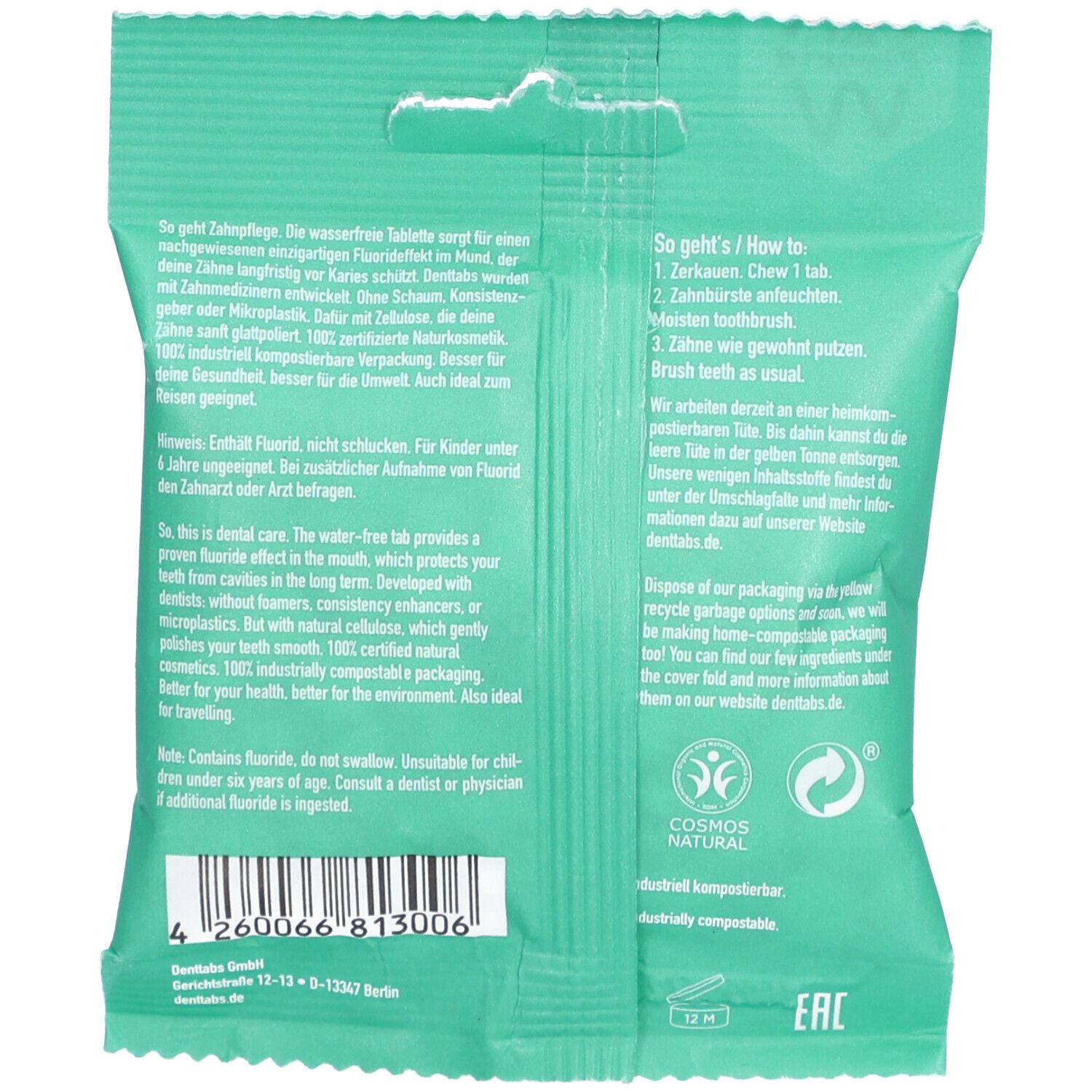 Emballage pour comprimés de dentifrice solides avec label COSMOS NATURAL et symbole de recyclage.