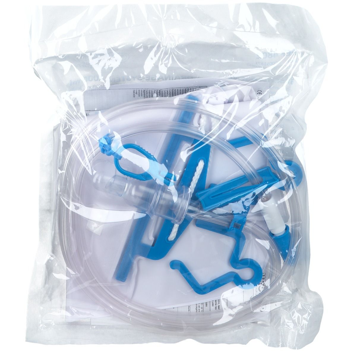 UROMED CYSTOBAG TK 2000 CO. Emballage transparent contenant des composants médicaux bleus et un système de tubes transparent.