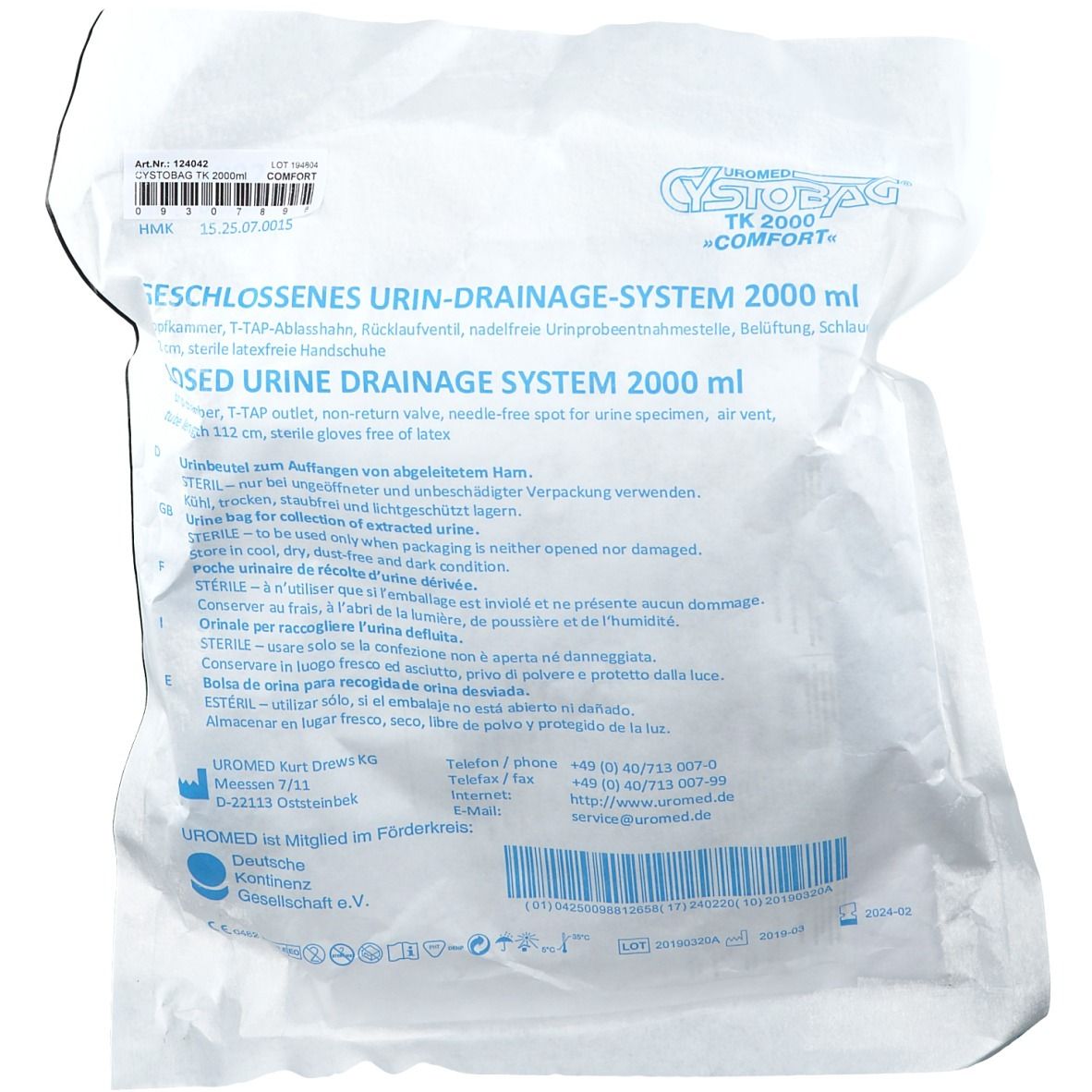 UROMED CYSTOBAG TK 2000 CO. Système de drainage urinaire fermé 2000 ml en emballage. Texte en allemand et anglais.