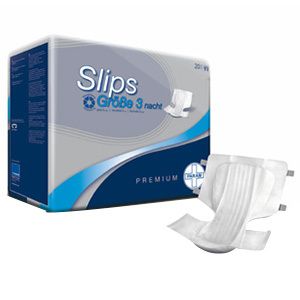 Paquet de protections contre l'incontinence. Inscription: Slips Größe 3 Nacht, Premium. Une protection à côté.