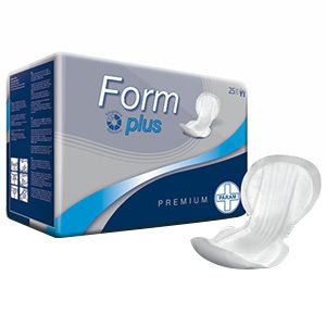 Paquet de protections d'incontinence. Inscription "Form plus Premium". Protection individuelle à côté.