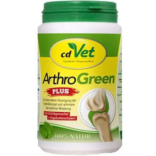 Boîte blanche et verte avec couvercle vert. Inscription : cd Vet ArthroGreen PLUS. Illustration d'un genou.