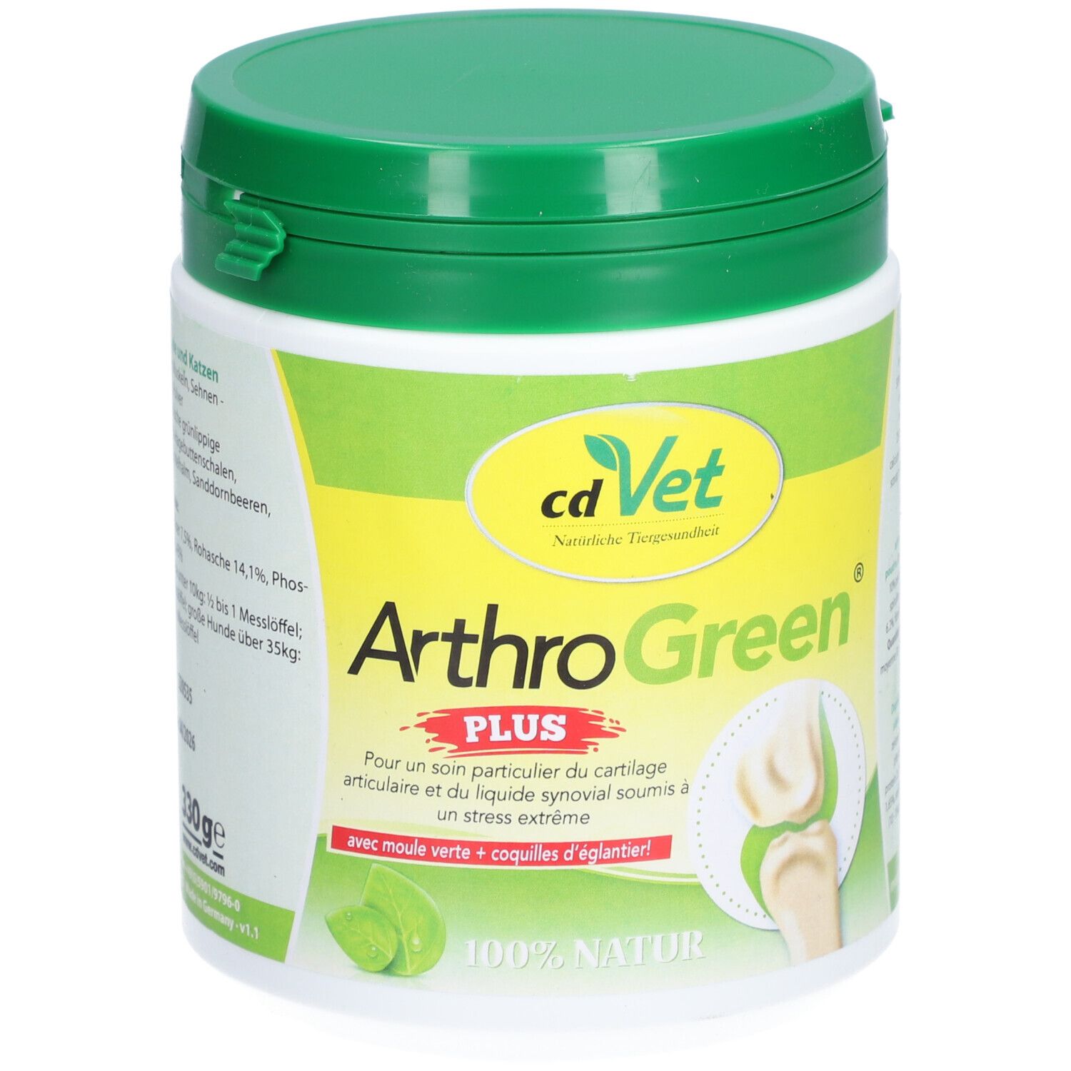 Boîte blanche et verte. Inscription: cdVet ArthroGreen PLUS. Illustration d'une articulation.
