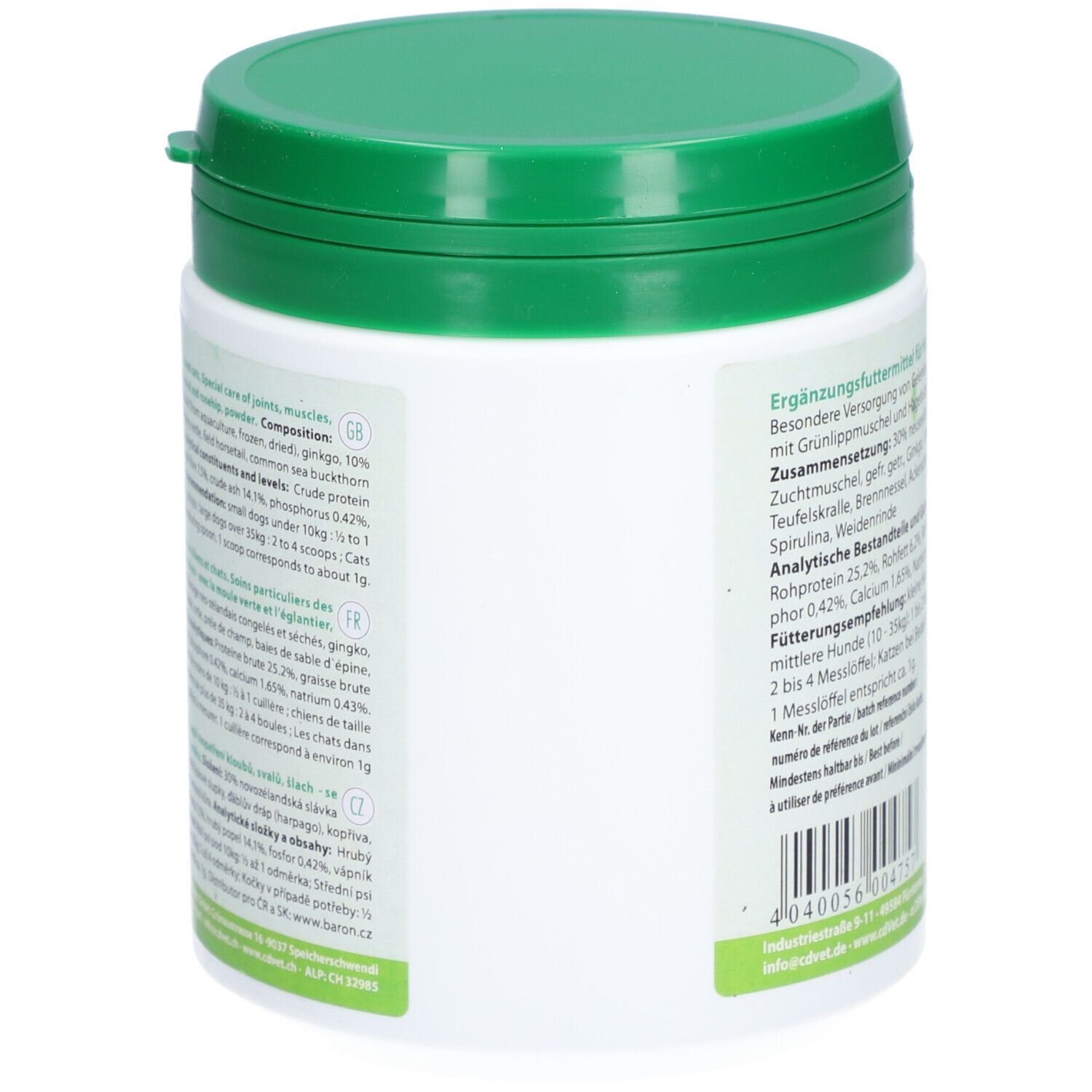 Dos du contenant blanc et vert. Texte: Aliment complémentaire pour chiens et chats. Ingrédients et analyse.