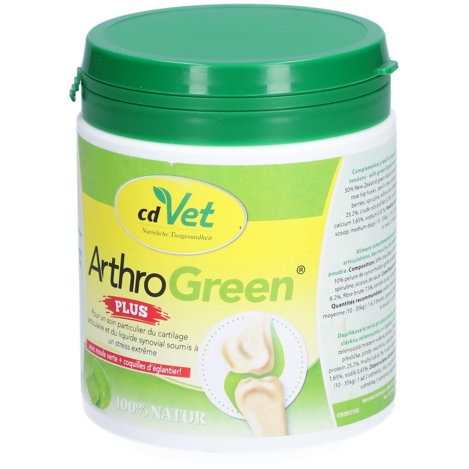 Boîte blanche et verte. Inscription: cdVet ArthroGreen PLUS. Illustration d'une articulation.