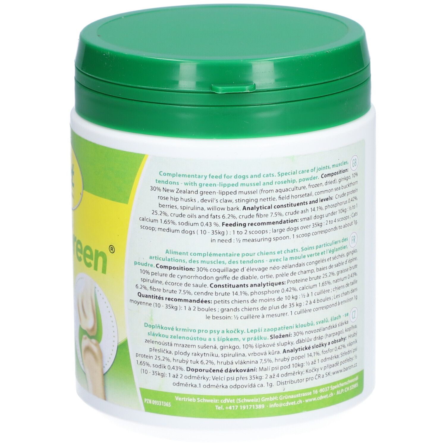 Dos du contenant blanc et vert. Texte: Aliment complémentaire pour chiens et chats. Ingrédients et analyse.