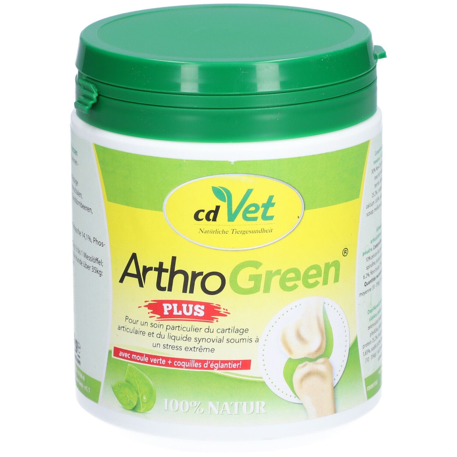 Boîte blanche et verte. Inscription: cdVet ArthroGreen PLUS. Illustration d'une articulation.