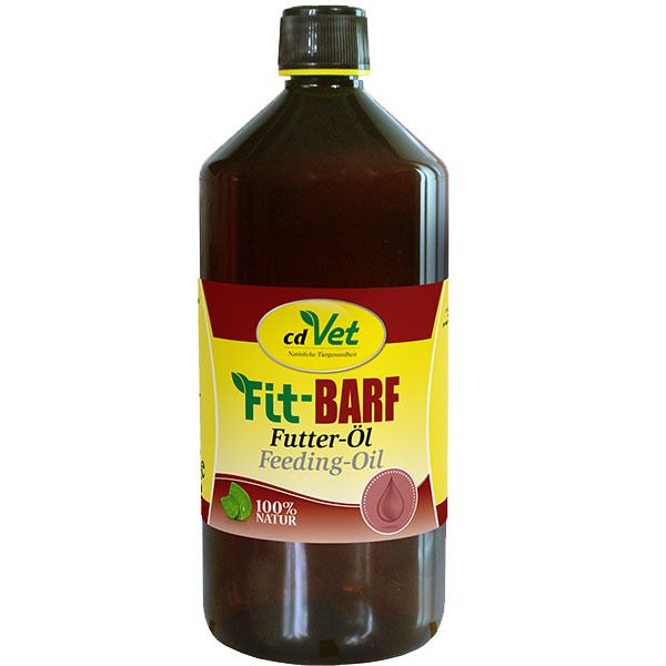cdVet Fit-BARF Huile alimentaire: Bouteille brune avec étiquette jaune et rouge. 100% Naturel.