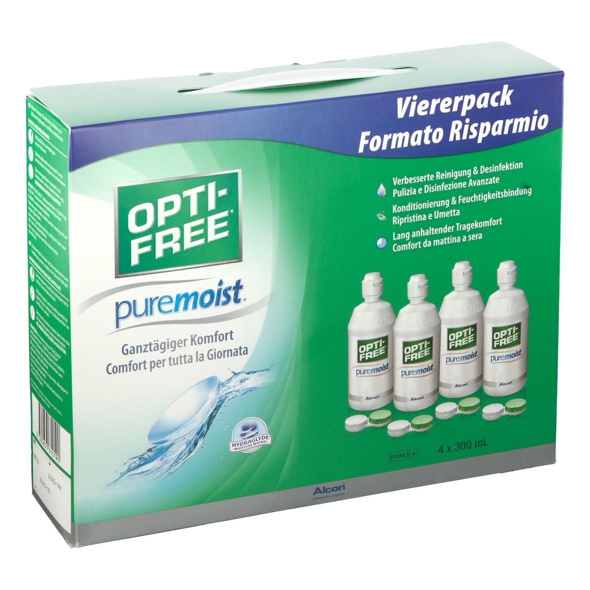 Emballage de quatre flacons de solution pour lentilles. Inscription OPTI-FREE puremoist. Quatre flacons et couvercles visibles.