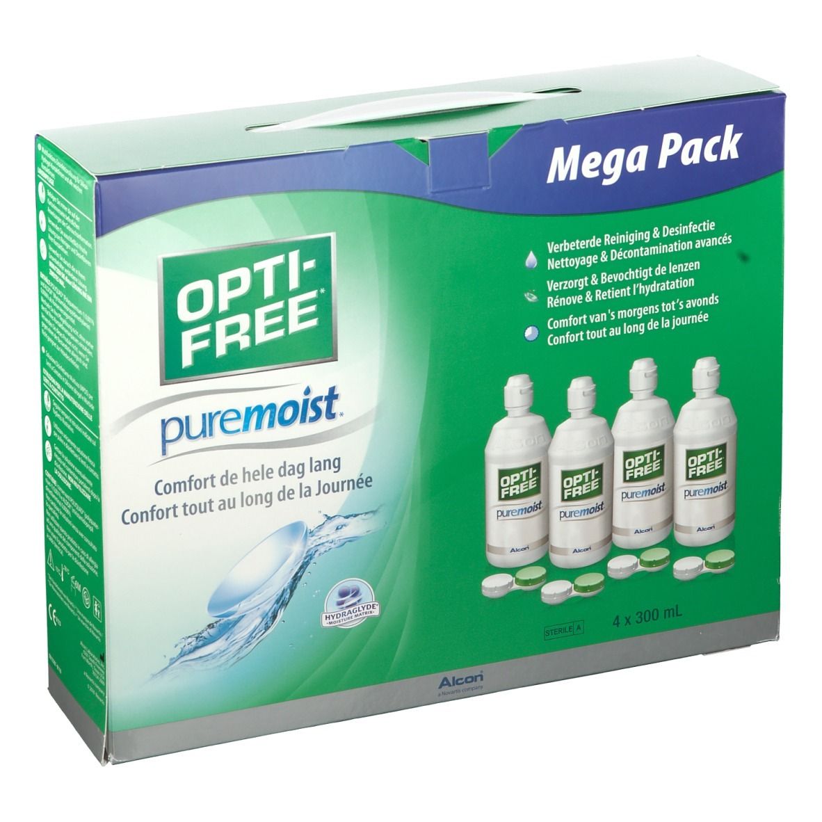 Emballage de quatre flacons de solution pour lentilles. Inscription OPTI-FREE puremoist. Quatre flacons et couvercles visibles. Mega Pack.