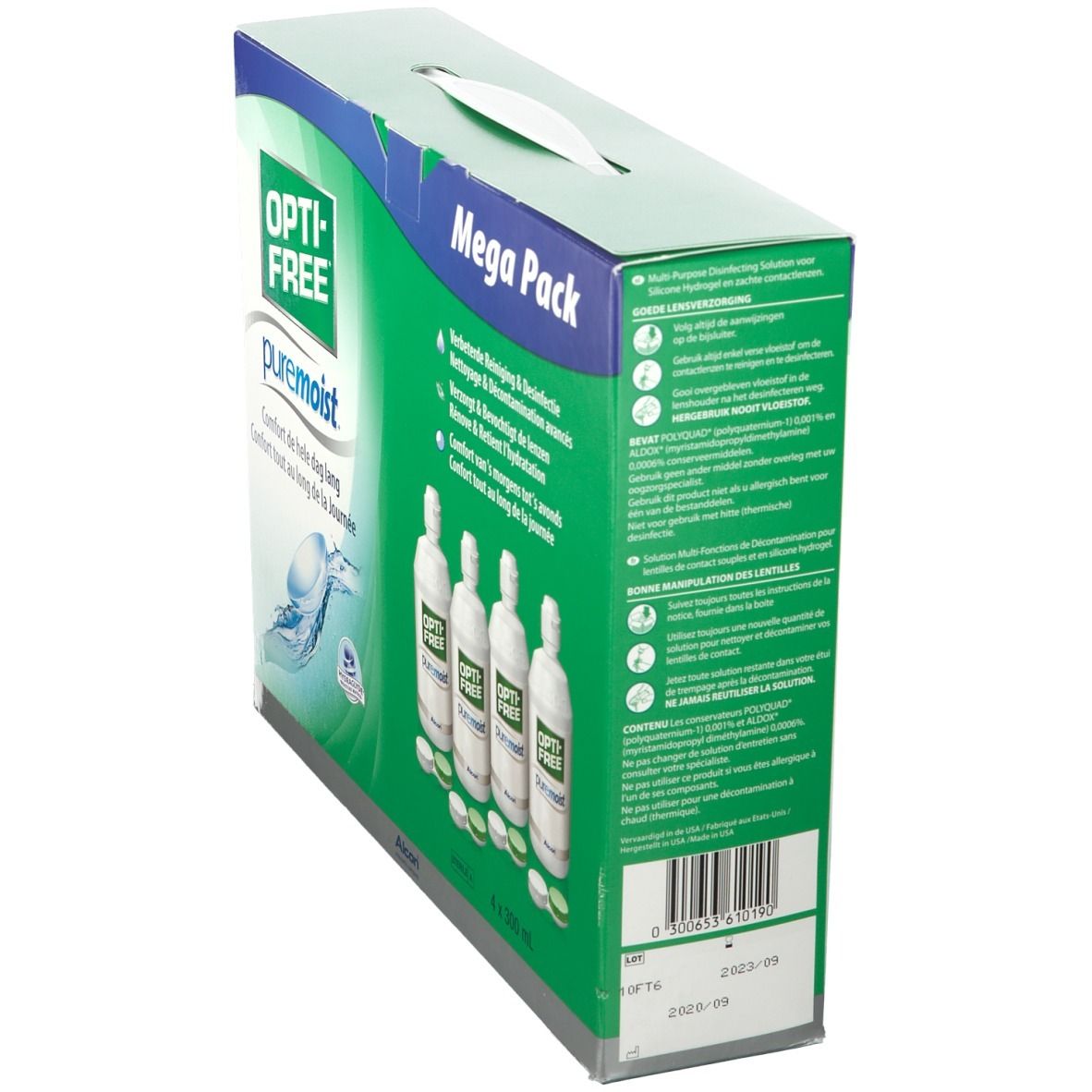 Vue oblique de l'emballage de quatre flacons de solution. Inscription OPTI-FREE puremoist. Poignée en haut. Mega Pack.