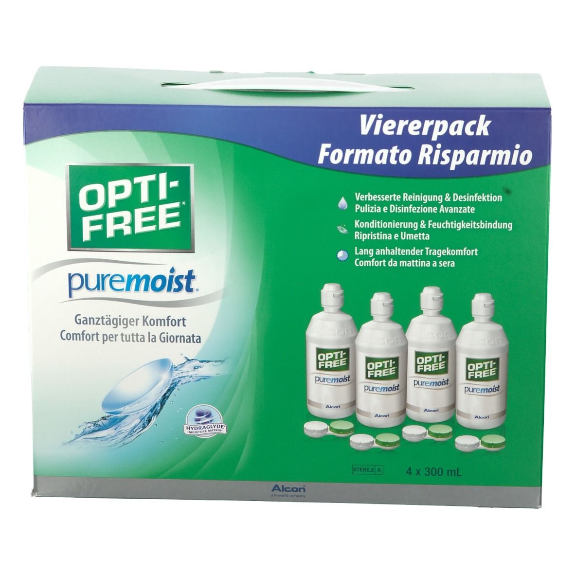 Emballage de quatre flacons de solution pour lentilles. Inscription OPTI-FREE puremoist. Quatre flacons et couvercles visibles.