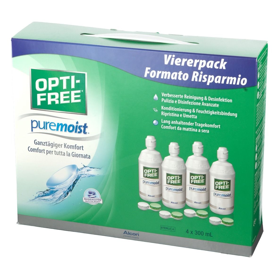 Emballage de quatre flacons de solution pour lentilles. Inscription OPTI-FREE puremoist. Quatre flacons et couvercles visibles.