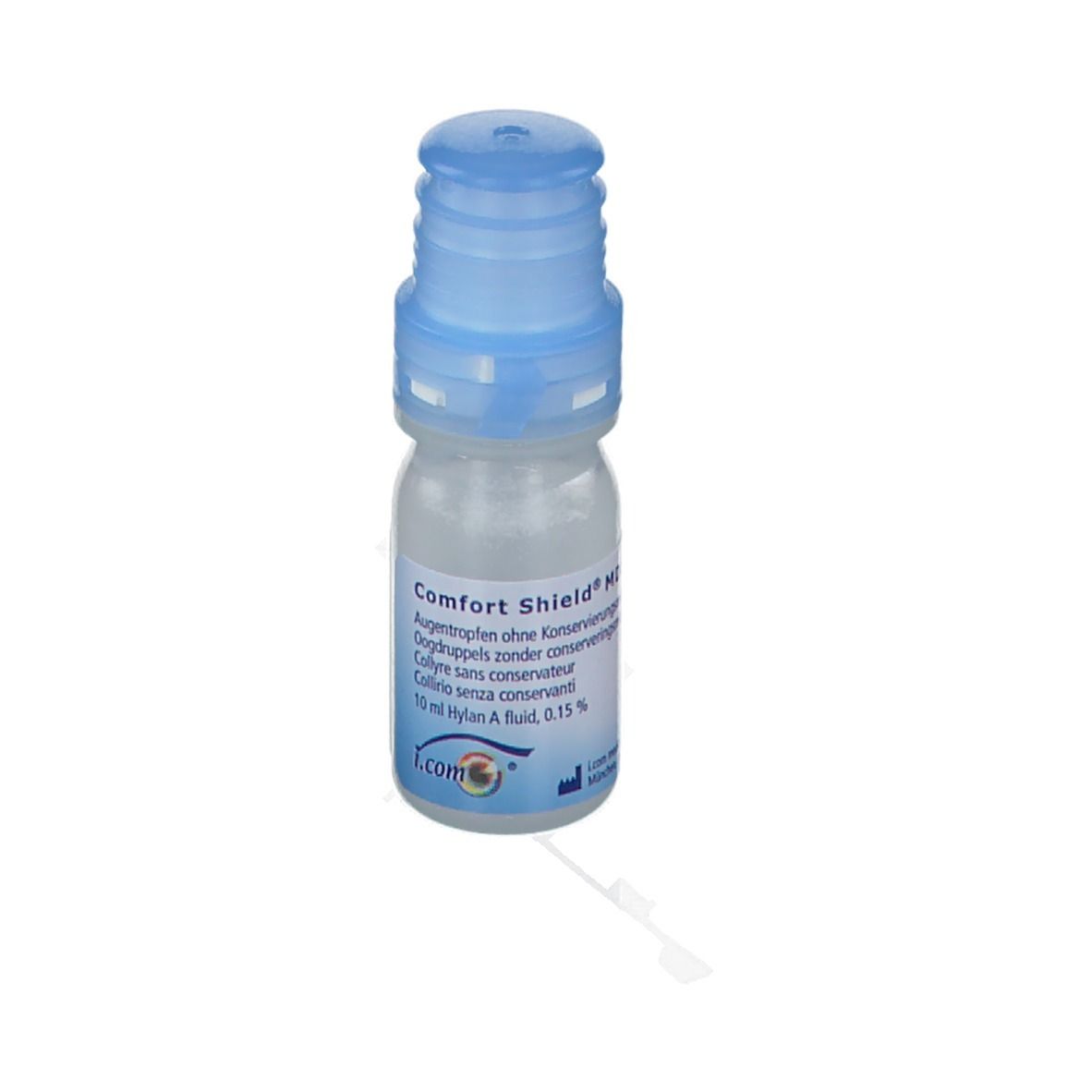 Flacon de gouttes ophtalmiques avec bouchon bleu. Inscription : Comfort Shield MDS, 10 ml Hylan A fluid, 0,15%.